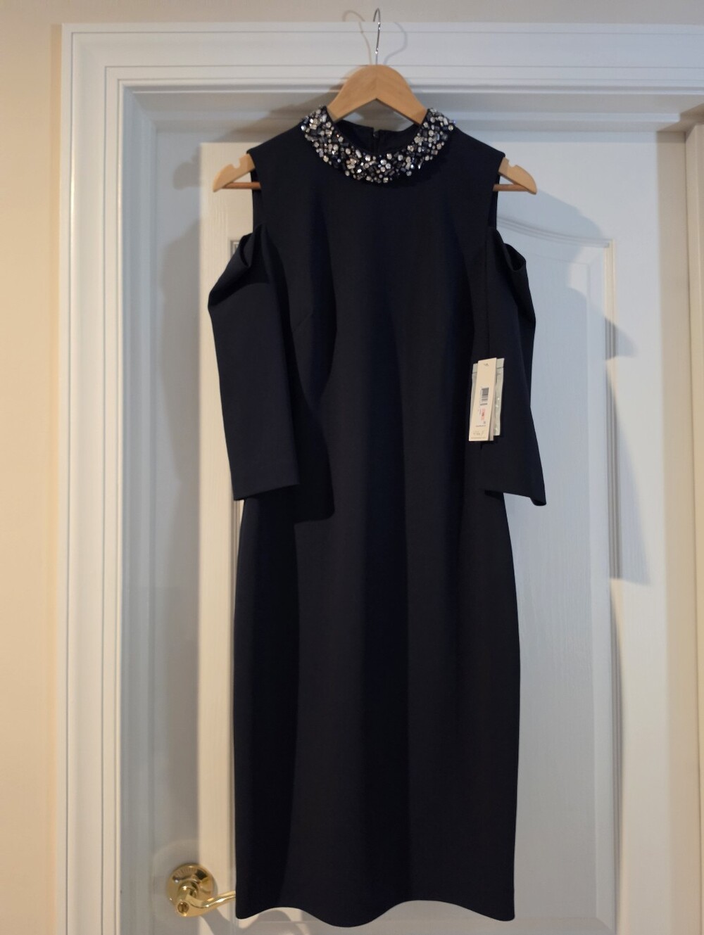 Embellished Cold-Shoulder Dark Navy Midi Dress